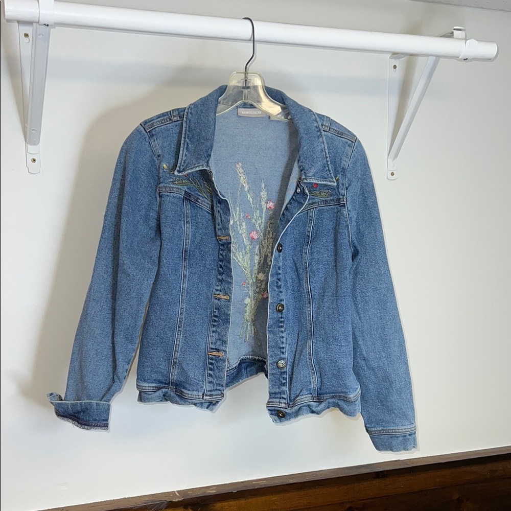 Nordstrom Blue Jean Jacket with‎ Floral Detail- S